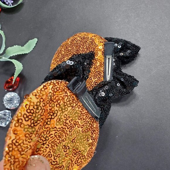 Minnie Mouse Ears Hair Clips Barrette Orange Sequins Black Bow Hair Care - Picture 6 of 9